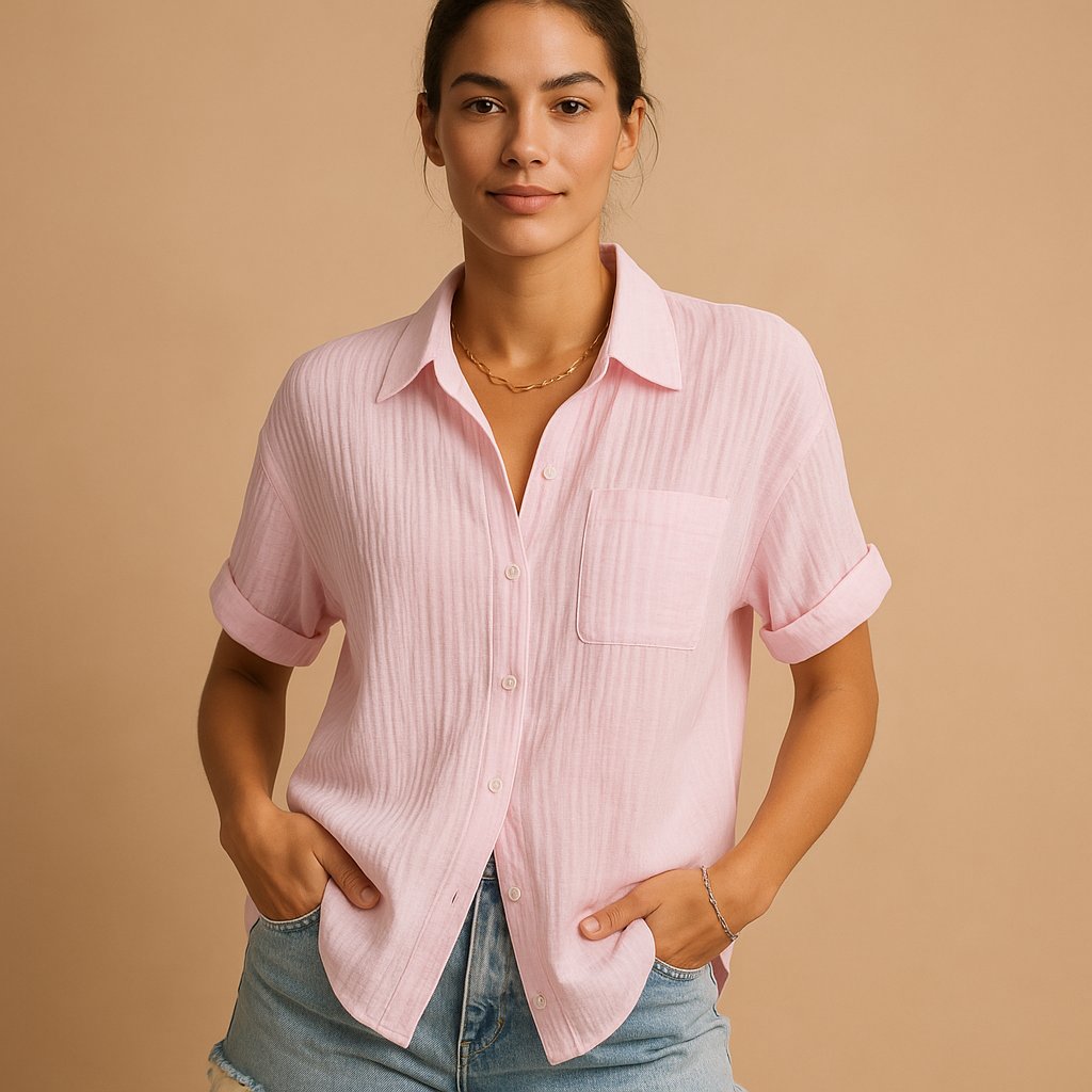 Dame Linen-Look Kortærmet Casual Skjorte med Brystlomme - Pink