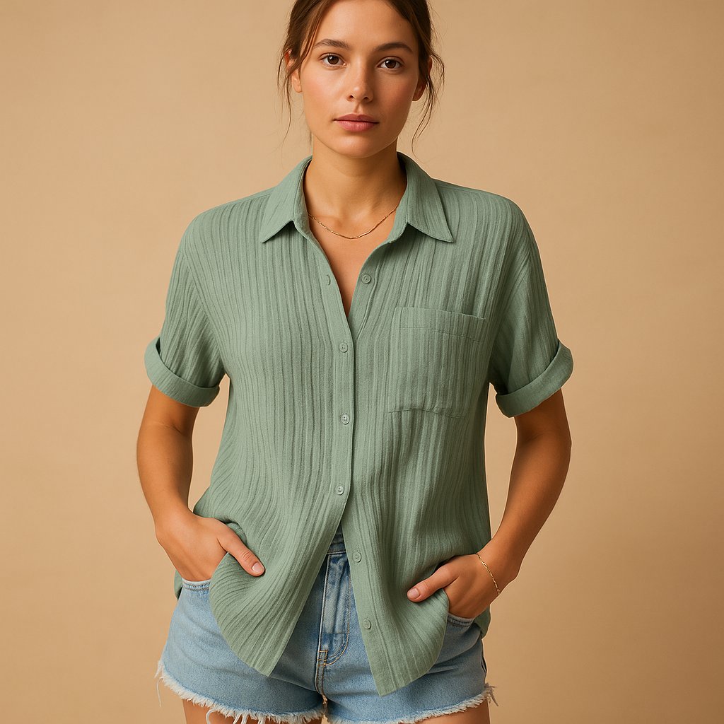 Dame Linen-Look Kortærmet Casual Skjorte med Brystlomme - Green