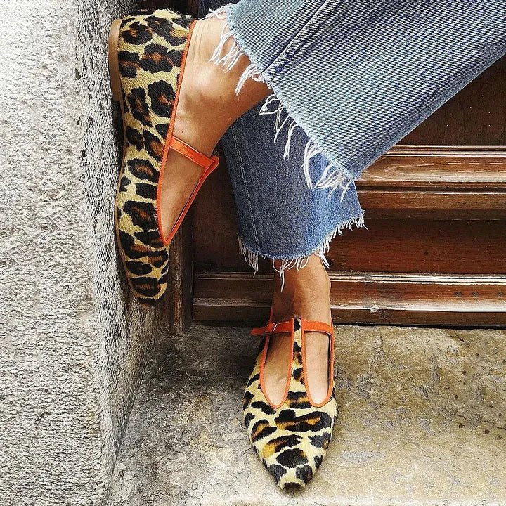 Dame Linen-Look Leopardprint T-rem Spidse Flade Sko