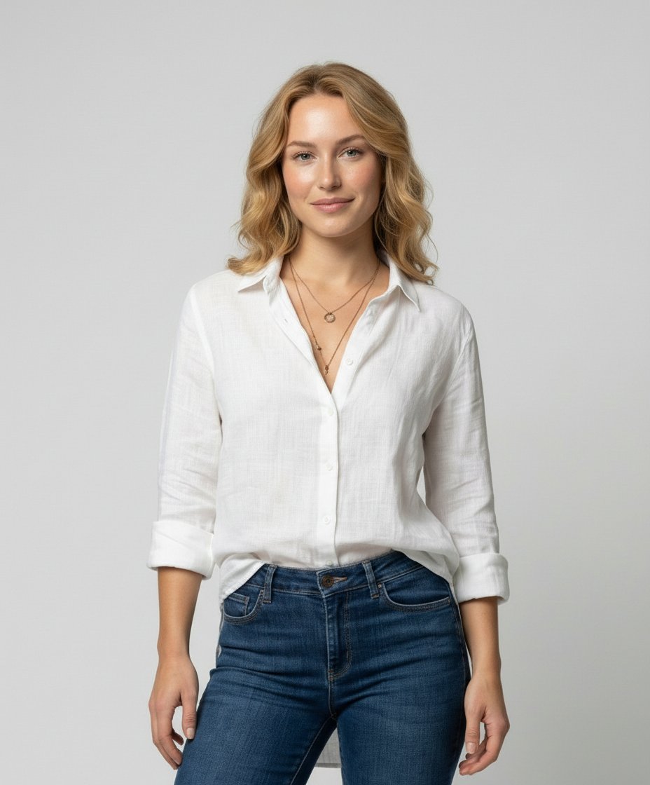 Dame Linen Skjorte Tre-Kvart Ærmer Klassisk Krave - White