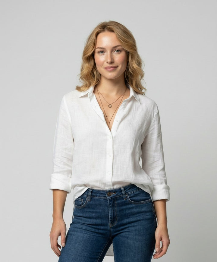 Dame Linen Skjorte Tre-Kvart Ærmer Klassisk Krave - White