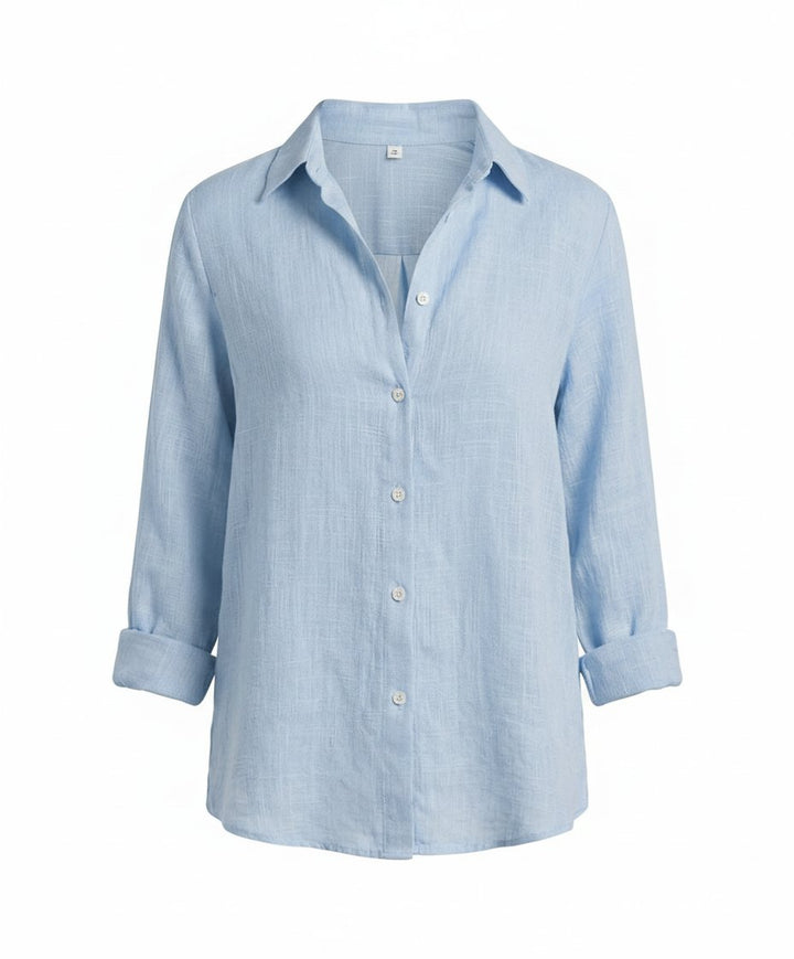 Dame Linen Skjorte Tre-Kvart Ærmer Klassisk Krave - Blue