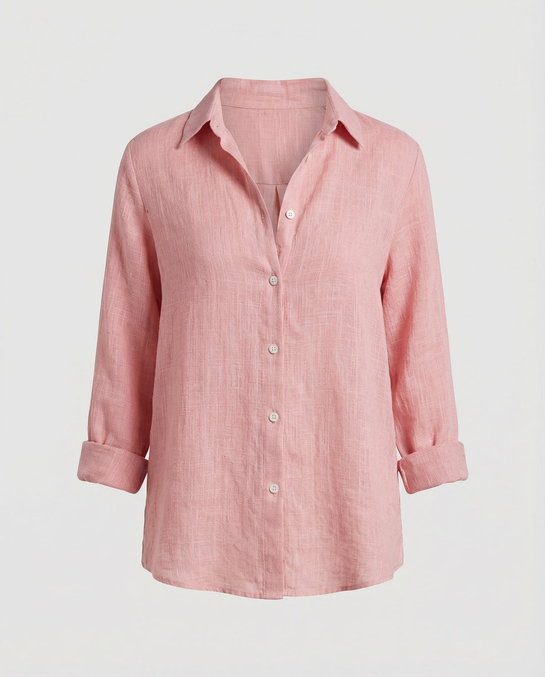 Dame Linen Skjorte Tre-Kvart Ærmer Klassisk Krave - Pink