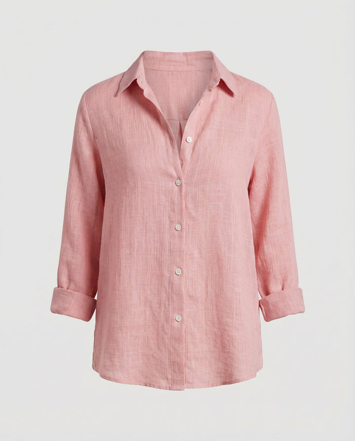Dame Linen Skjorte Tre-Kvart Ærmer Klassisk Krave - Pink
