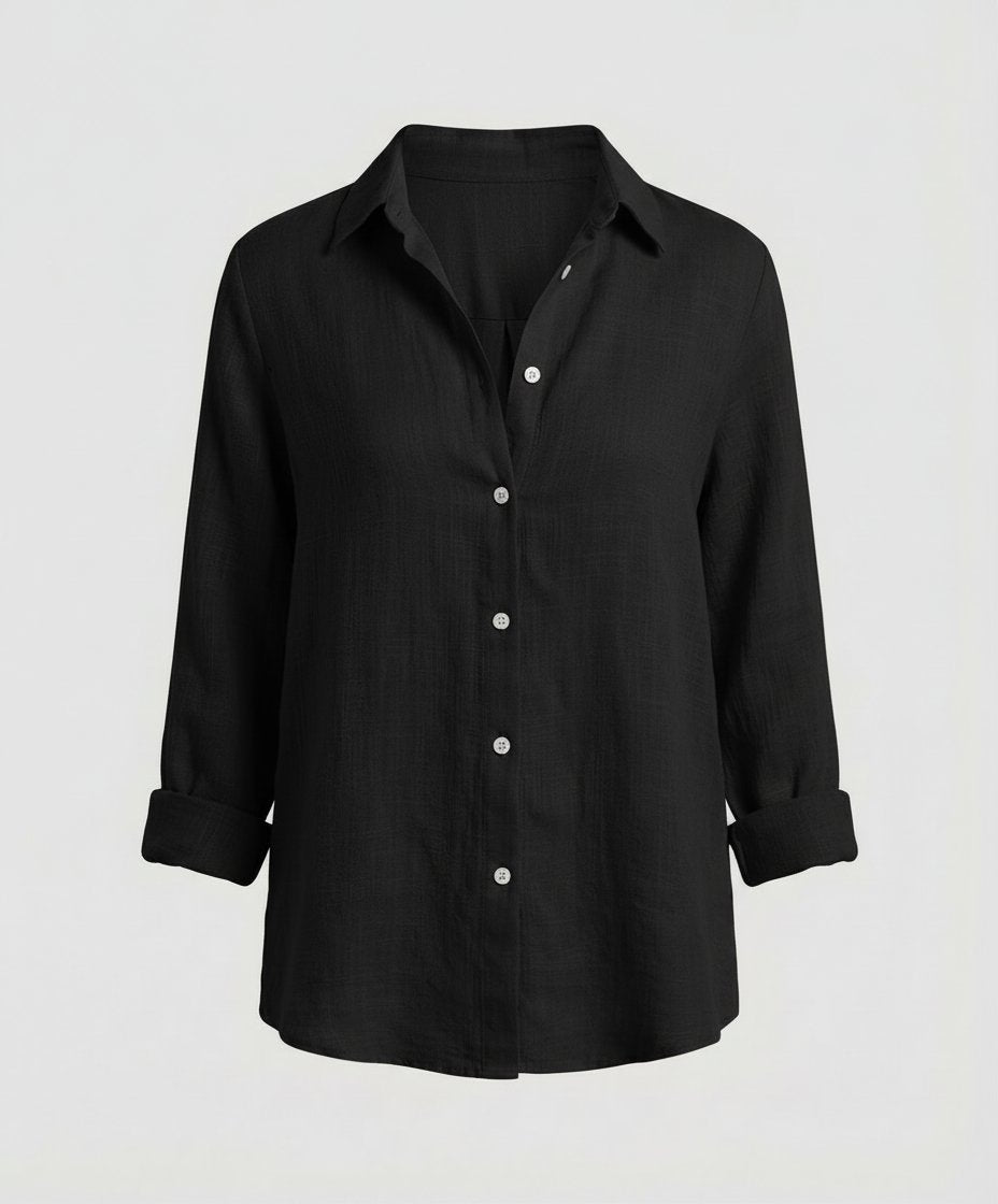 Dame Linen Skjorte Tre-Kvart Ærmer Klassisk Krave - Black
