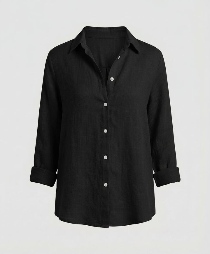 Dame Linen Skjorte Tre-Kvart Ærmer Klassisk Krave - Black