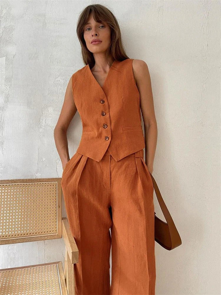 Dame Linen Vest Bukser Todelt Sæt - Orange