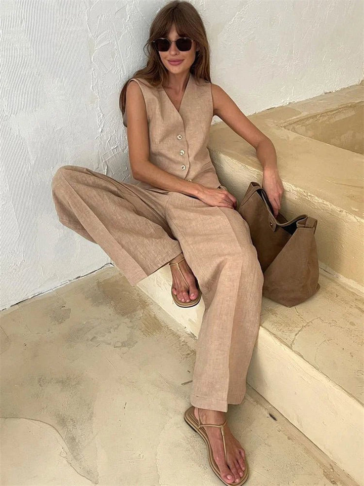 Dame Linen Vest Bukser Todelt Sæt - Beige