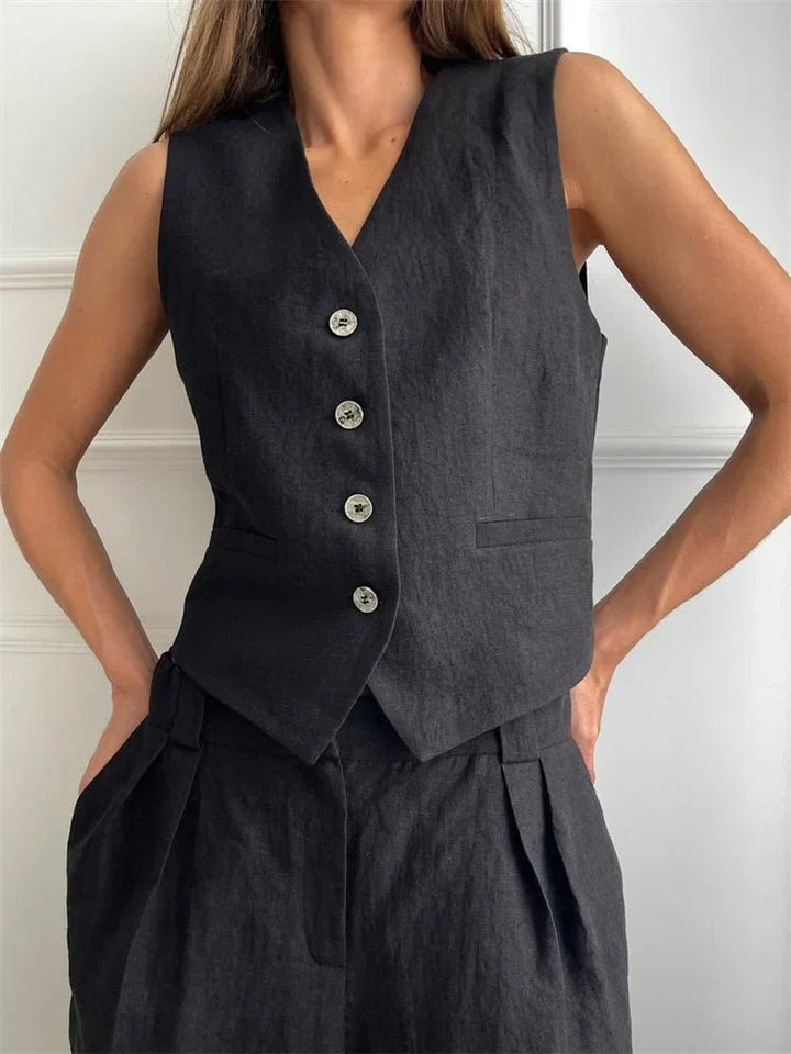 Dame Linen Vest Bukser Todelt Sæt - Black