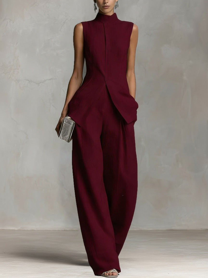 Dame Linned Stand-Collar Ærmeløs Top og Vide Bukser Sæt - Burgundy