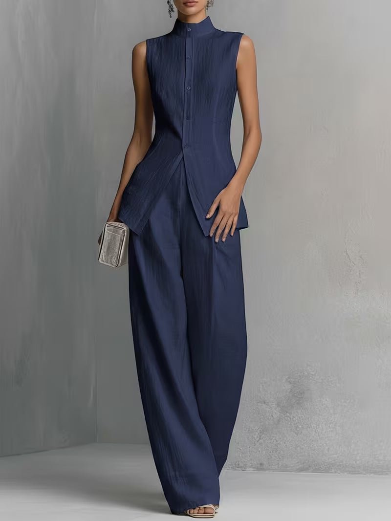Dame Linned Stand-Collar Ærmeløs Top og Vide Bukser Sæt - Dark Blue