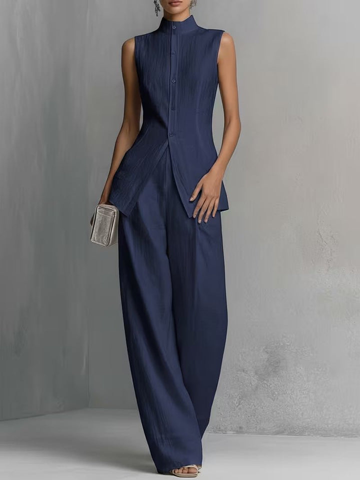 Dame Linned Stand-Collar Ærmeløs Top og Vide Bukser Sæt - Dark Blue