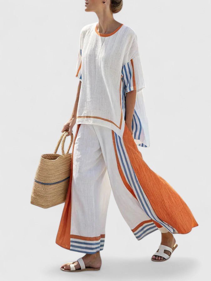 Dame Linnenmix Loungewear Sæt Bred Pasform - Oranje Streep