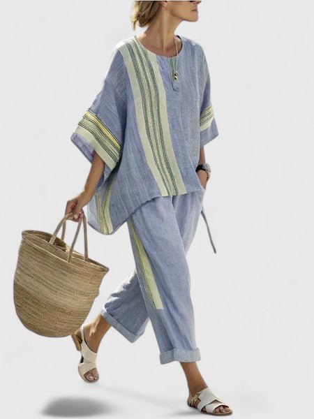 Dame Linnenmix Loungewear Sæt Bred Pasform - Blauw