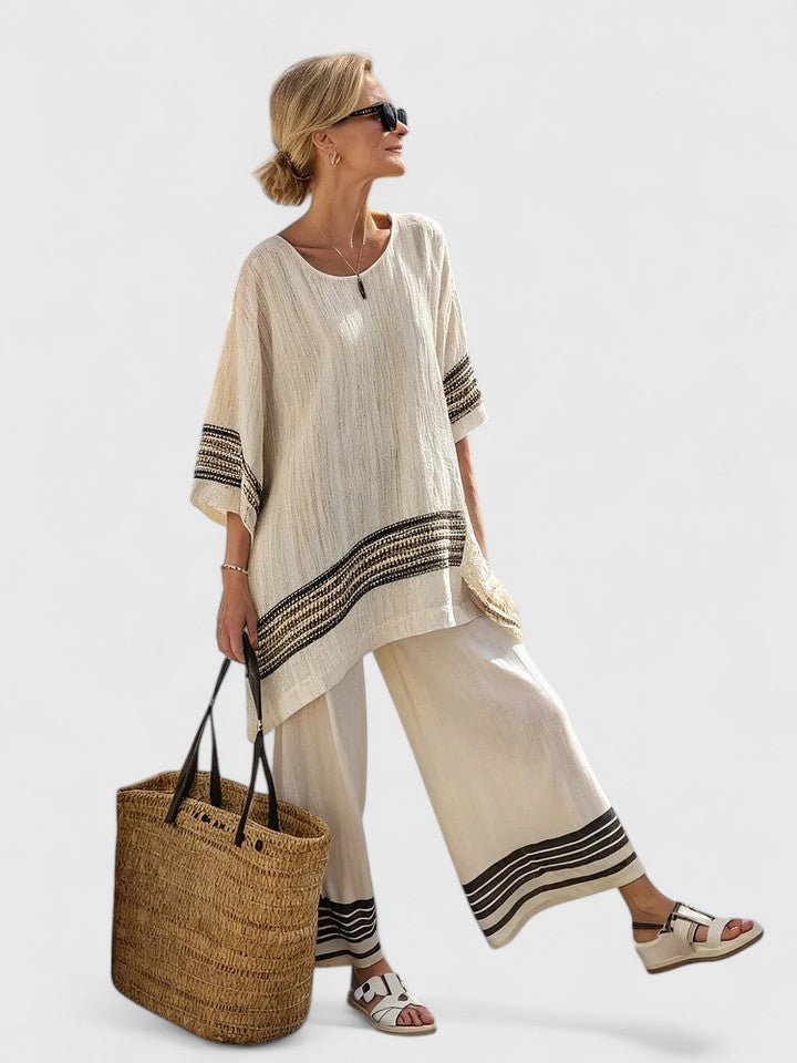 Dame Linnenmix Loungewear Sæt Bred Pasform - Zwarte Streep