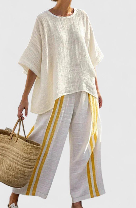 Dame Linnenmix Loungewear Sæt Bred Pasform - Gele Streep