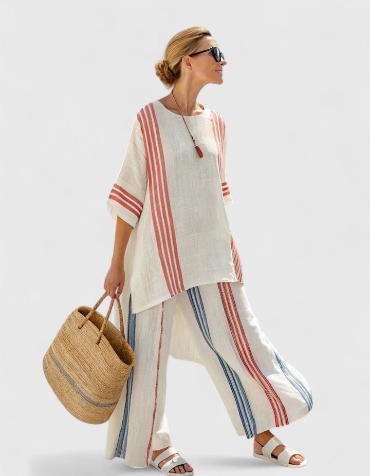 Dame Linnenmix Loungewear Sæt Bred Pasform - Rode Streep