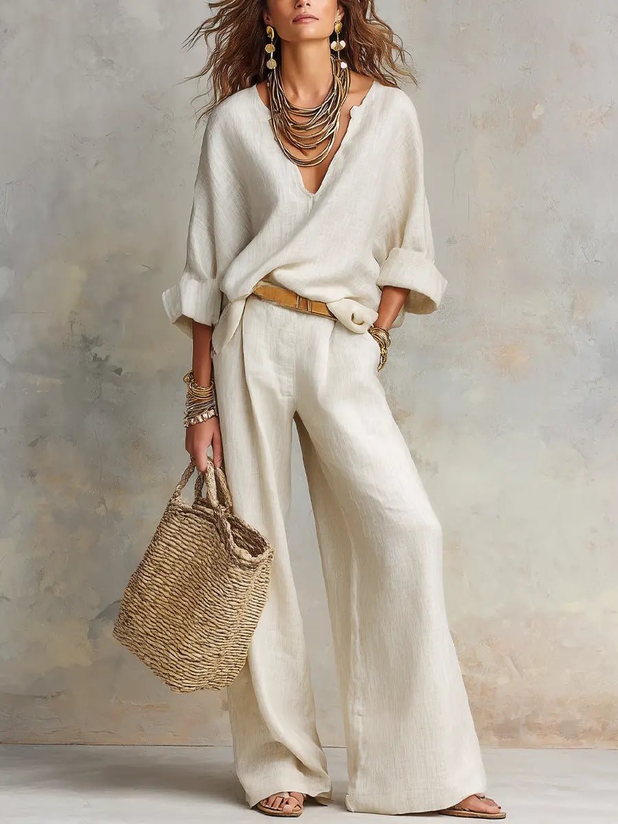 Dame Løst Hør Todelt Sæt Resort-wear - White