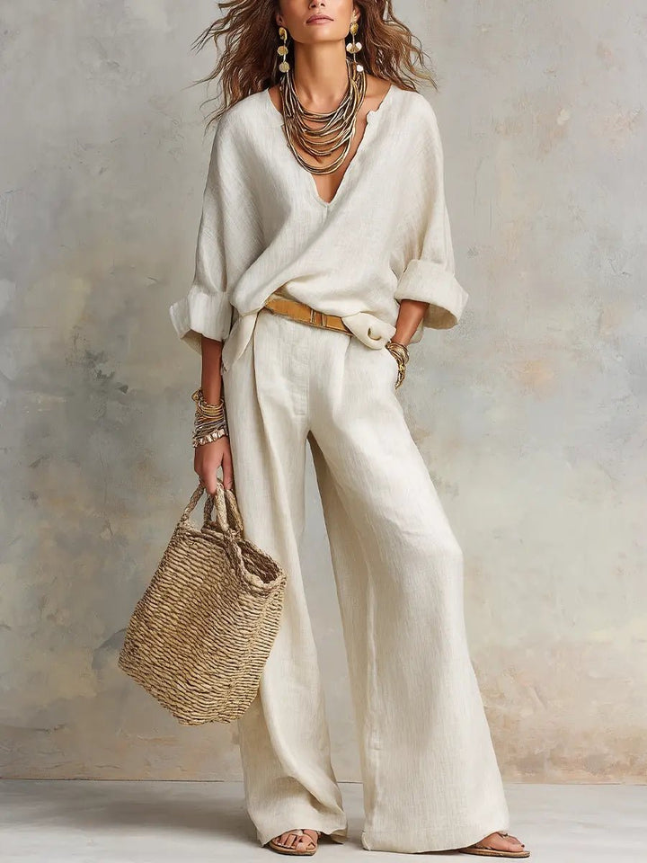 Dame Løst Hør Todelt Sæt Resort-wear - White