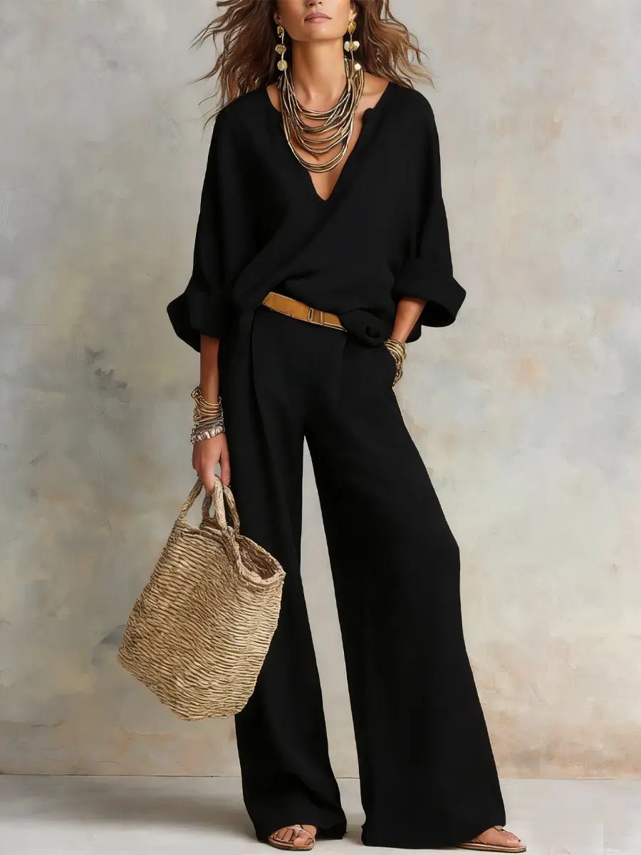 Dame Løst Hør Todelt Sæt Resort-wear - Black