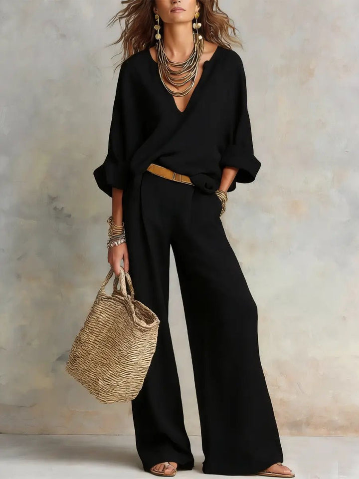 Dame Løst Hør Todelt Sæt Resort-wear - Black