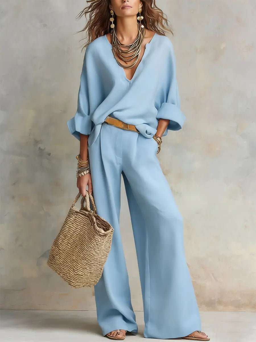 Dame Løst Hør Todelt Sæt Resort-wear - Blue