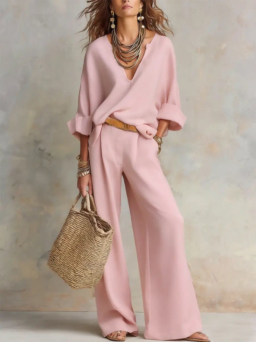 Dame Løst Hør Todelt Sæt Resort-wear - Pink