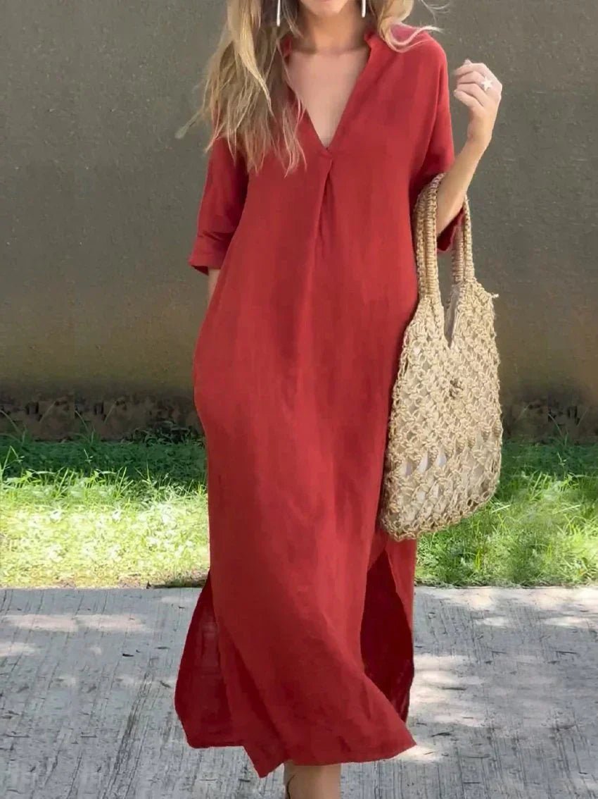 Dame Maxi Sommerkjole V-hals Afslappet Linned-look - Red (Almost sold out)