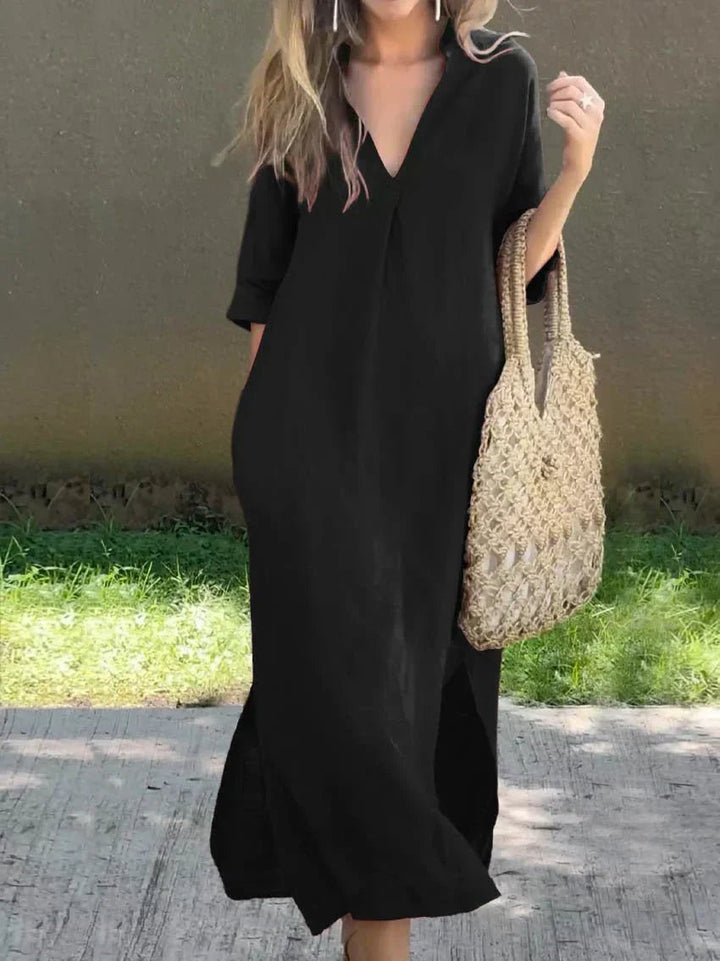 Dame Maxi Sommerkjole V-hals Afslappet Linned-look - Black (Almost sold out)