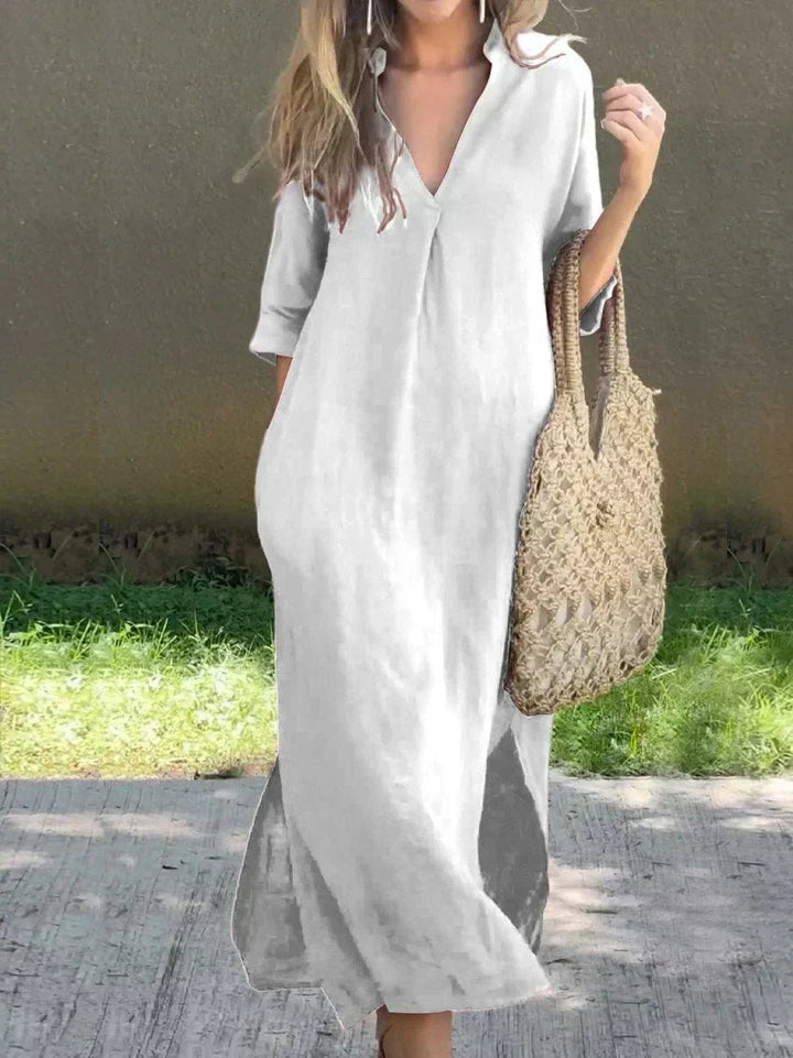 Dame Maxi Sommerkjole V-hals Afslappet Linned-look - White