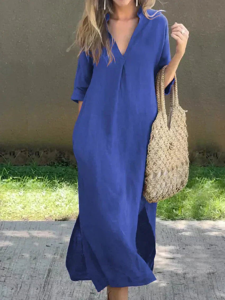 Dame Maxi Sommerkjole V-hals Afslappet Linned-look - Blue