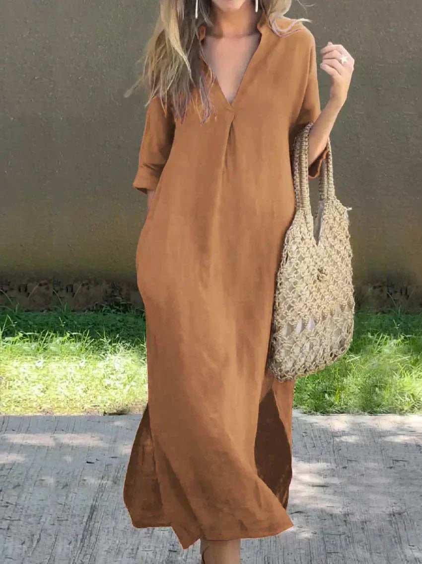 Dame Maxi Sommerkjole V-hals Afslappet Linned-look - Brown