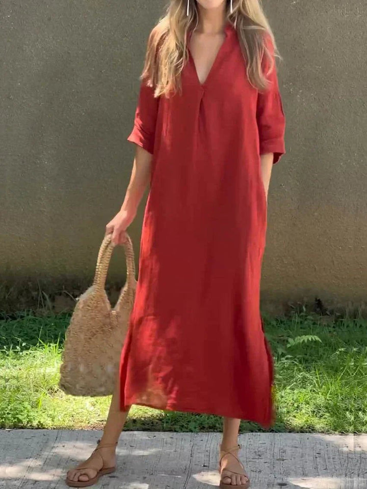 Dame Maxi Sommerkjole V-hals Afslappet Linned-look