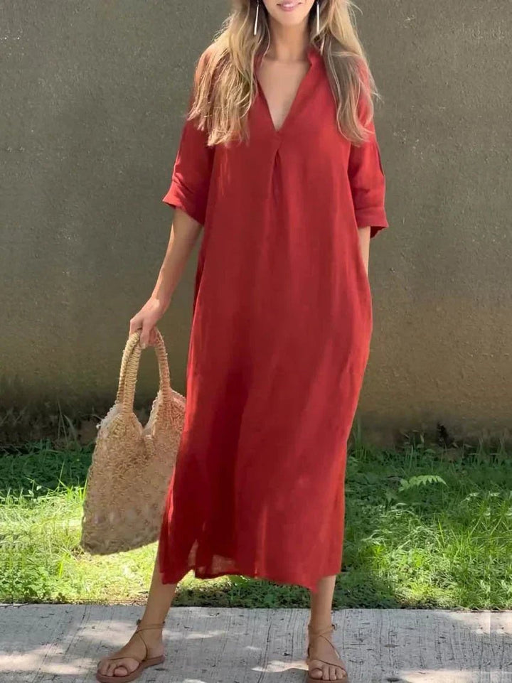Dame Maxi Sommerkjole V-hals Afslappet Linned-look