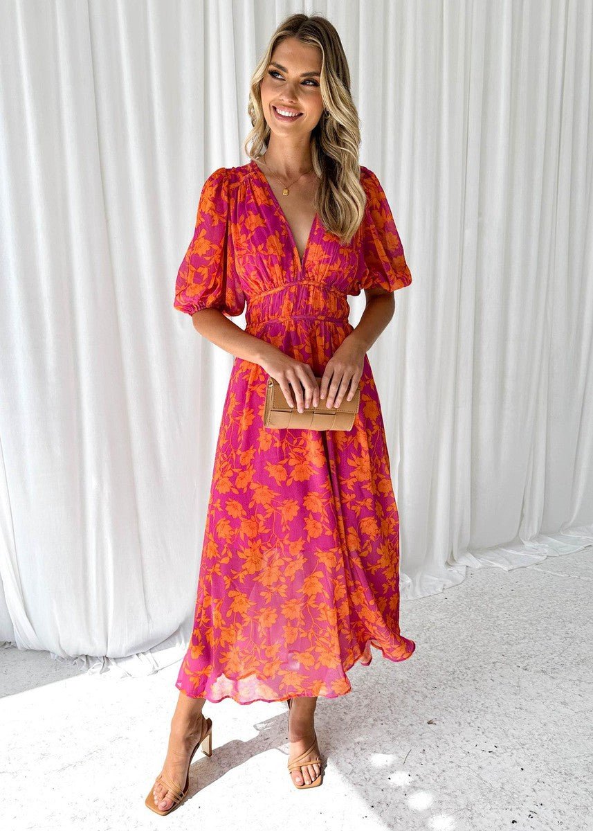Dame Midi Kjole Blomsterprint Pufærmer V-udskæring - Roze-Oranje