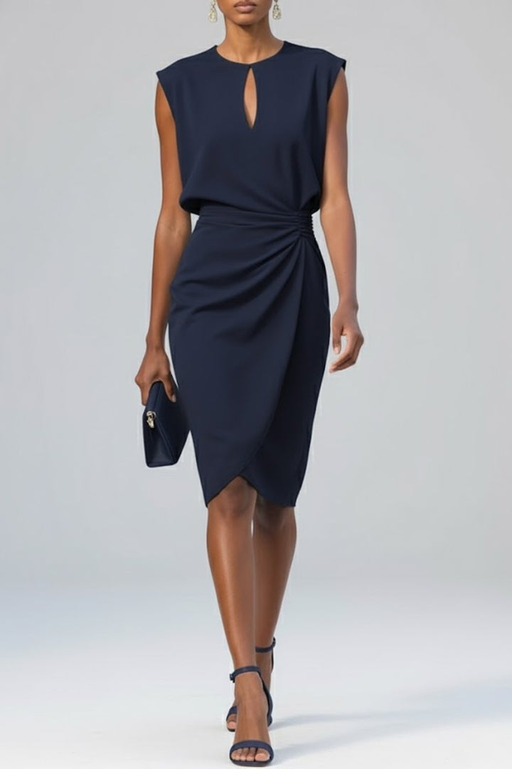 Dame Midi Kjole Sleutelgat Udskæring Ruches - Marineblauw