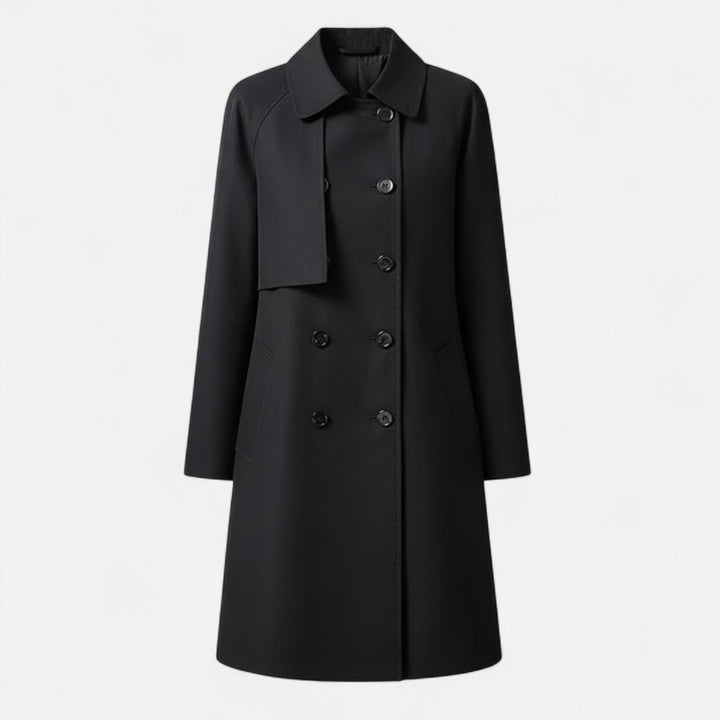 Dame Midi Uldblendet Dobbeltradet Trench Coat - Sort