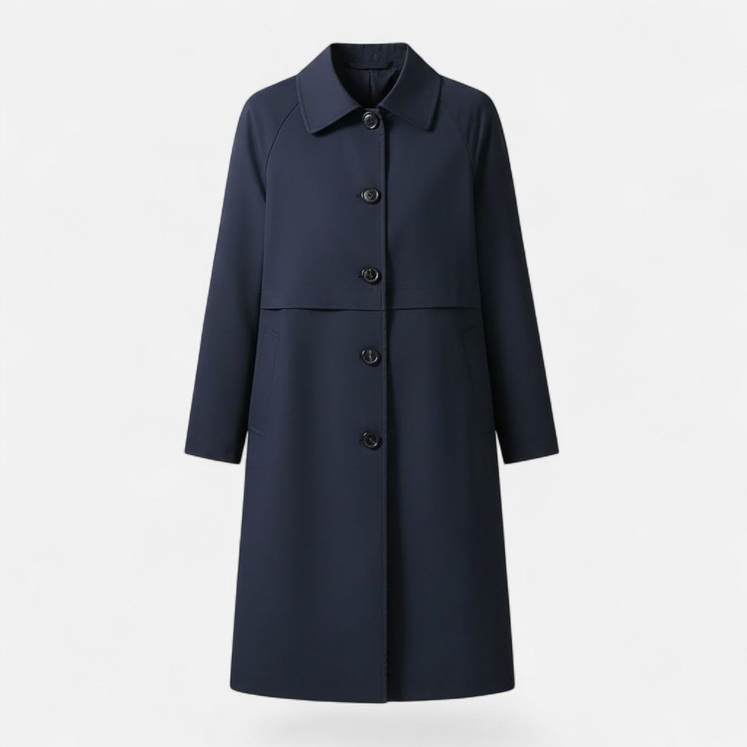 Dame Midi Uldblendet Dobbeltradet Trench Coat - Marineblå