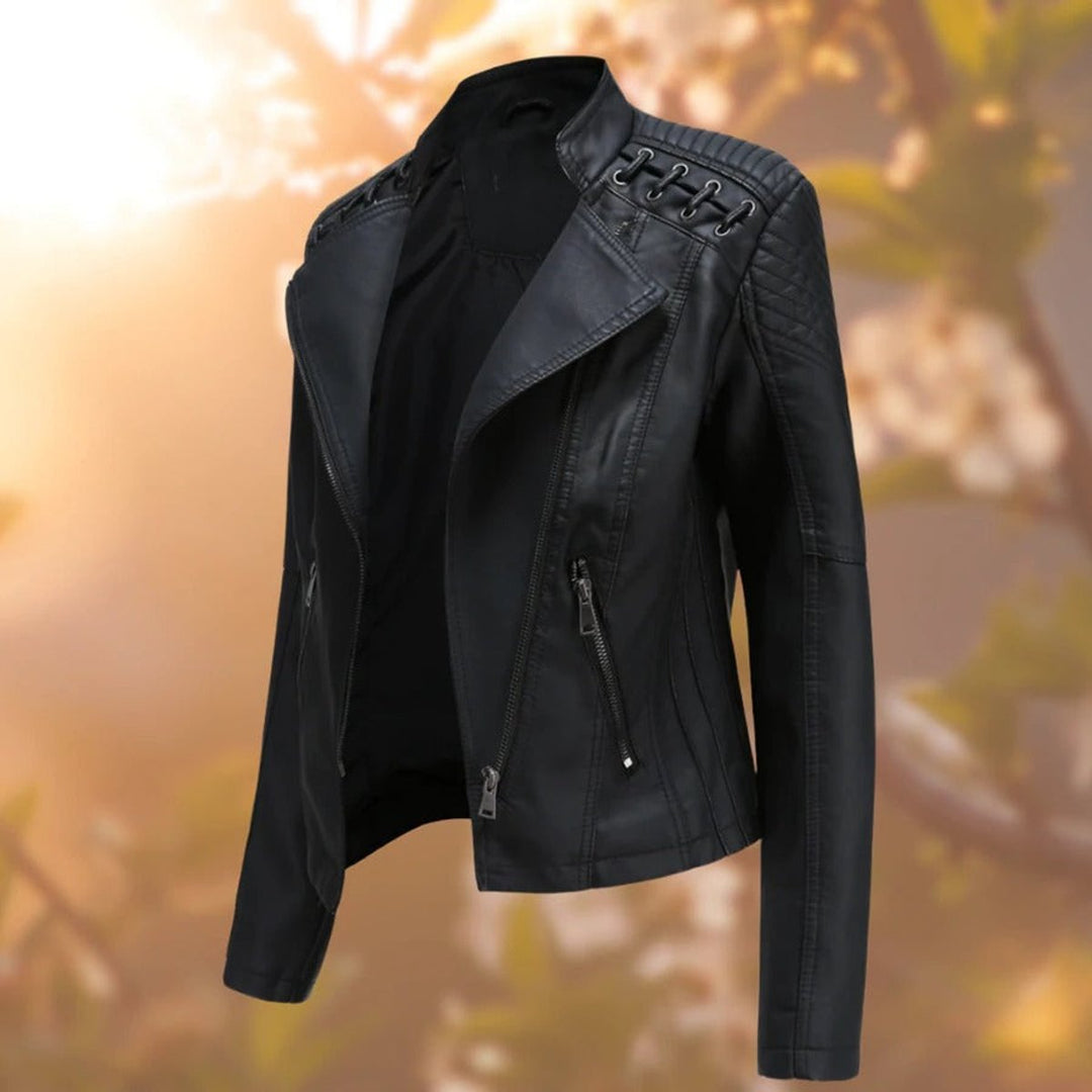 Dame Motorcykel Leather Jacket Lynlås Skindjakke - Sort