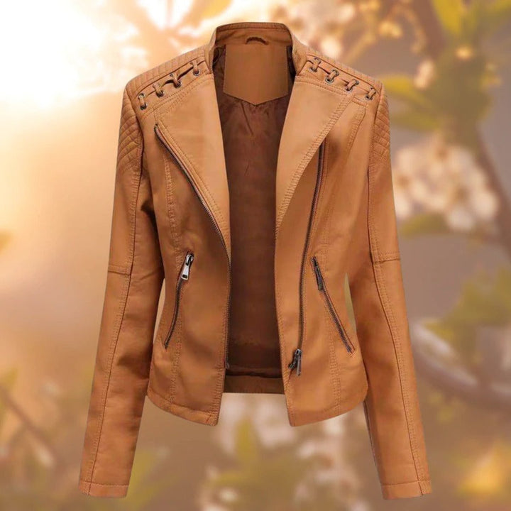 Dame Motorcykel Leather Jacket Lynlås Skindjakke - Orange