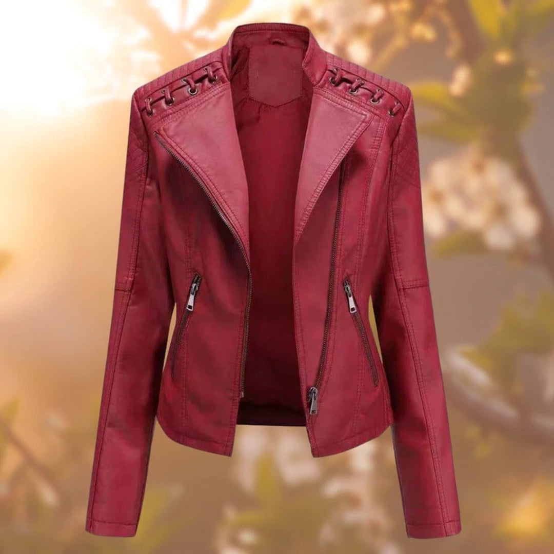 Dame Motorcykel Leather Jacket Lynlås Skindjakke - Mørkerød