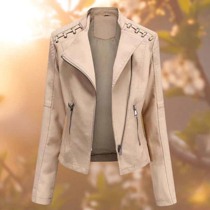 Dame Motorcykel Leather Jacket Lynlås Skindjakke - Khaki