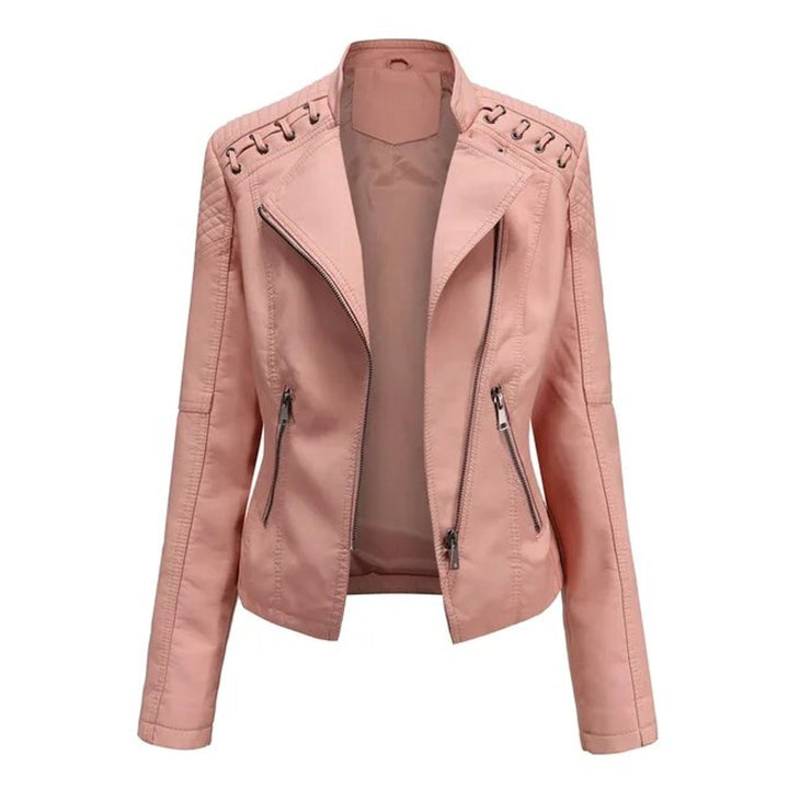 Dame Motorcykel Leather Jacket Lynlås Skindjakke - Lyserød