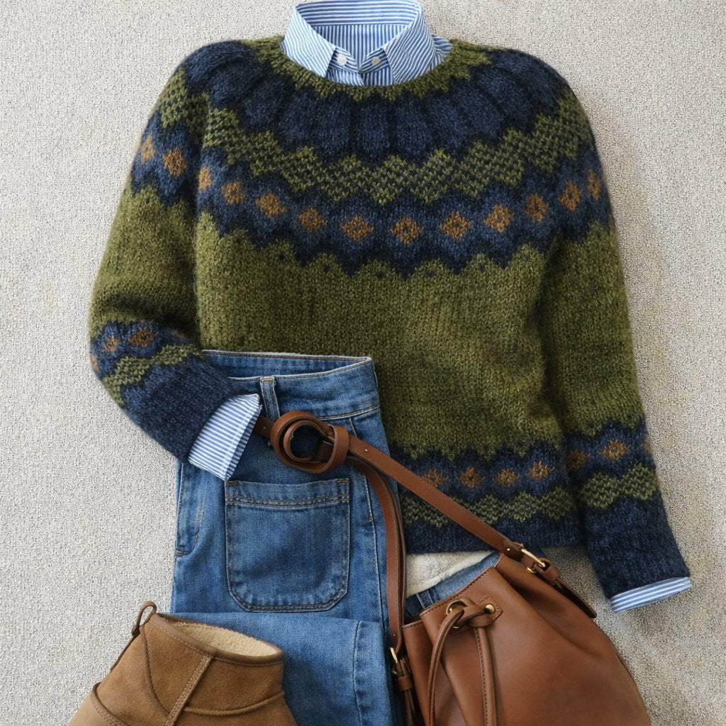 Dame Nordic Fair Isle Strikket Sweater Rund Hals Afslappet Pasform - Green