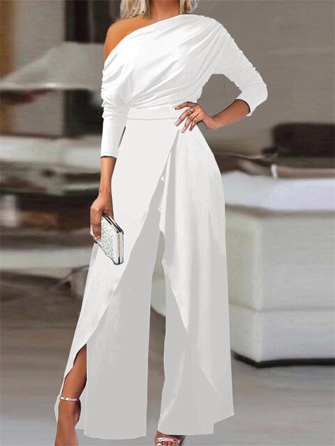 Dame Off-Shoulder Langærmet Jumpsuit Brede Ben - White