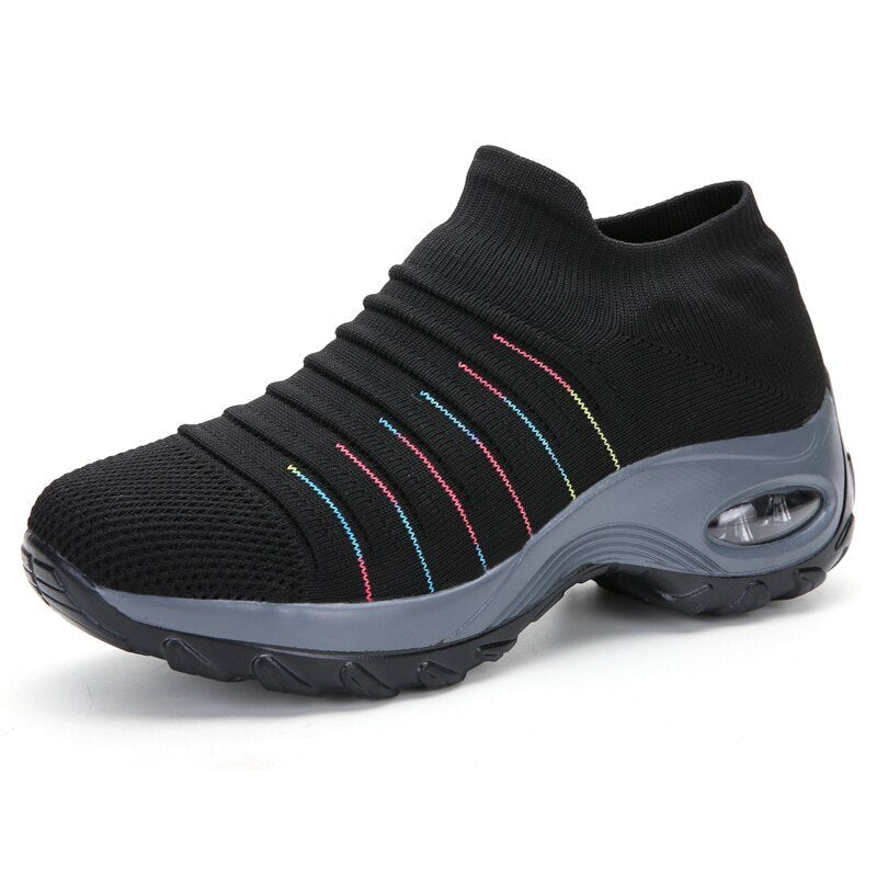 Dame Orthopædiske Memory Foam Slip-On Sneakers - Black (Colored Stripes)