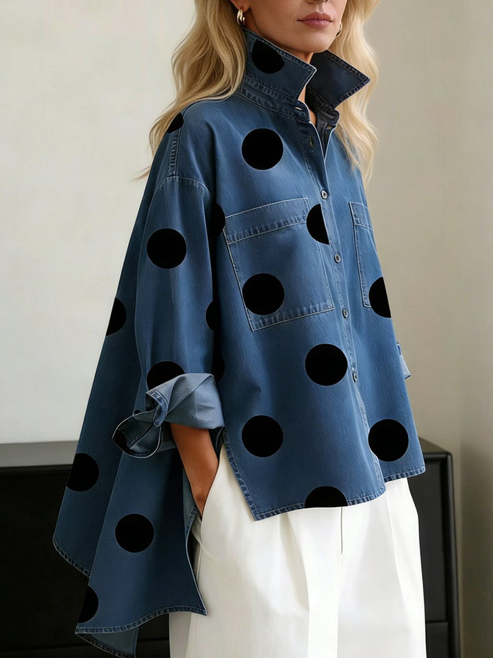 Dame Oversize Langærmet Prikket Skjorte - Blue