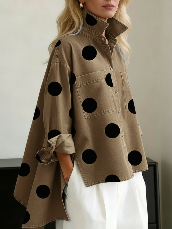 Dame Oversize Langærmet Prikket Skjorte - Khaki