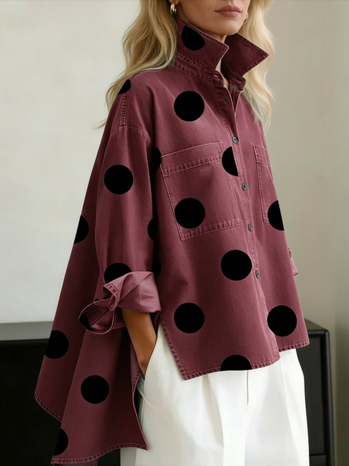 Dame Oversize Langærmet Prikket Skjorte - Red
