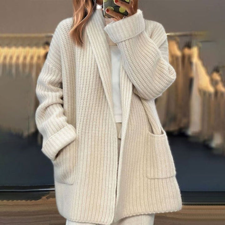 Dame Oversize Strikket Cardigan Løst Snit Lommer